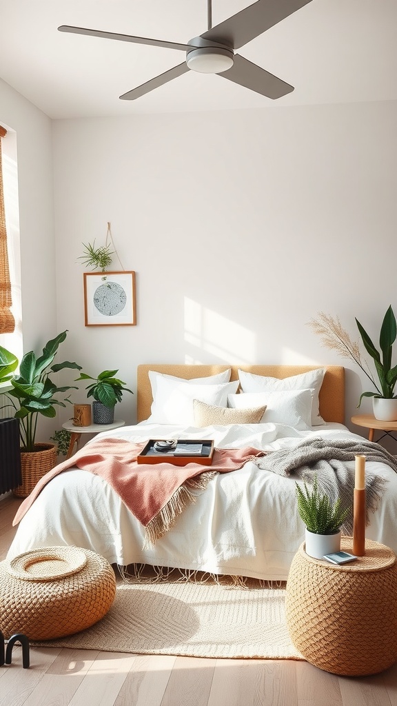 A cozy boho Scandinavian style bedroom with plants, a bed with white bedding, a warm throw blanket, and natural light.