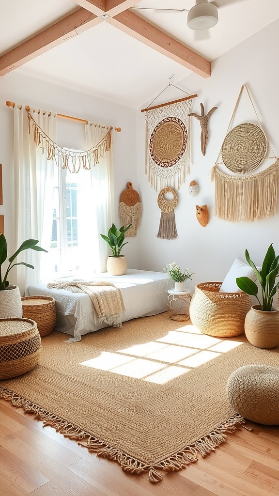 A cozy Boho bedroom with seagrass rug, natural decor, and soft lighting.