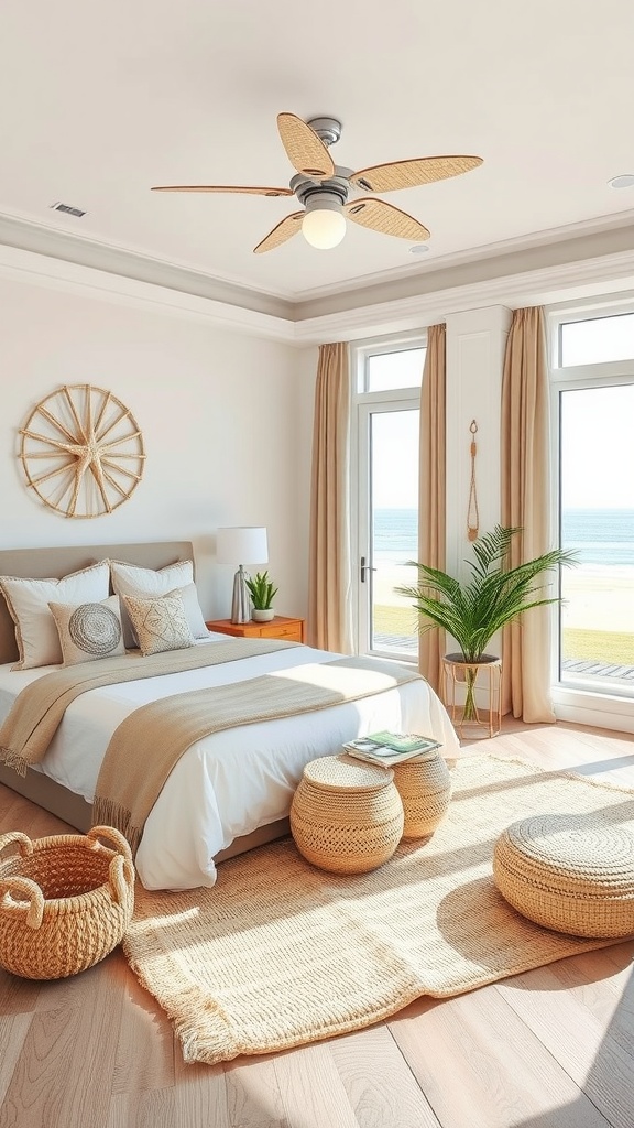 A stylish boho coastal bedroom featuring light neutral tones, large windows, and woven accents.