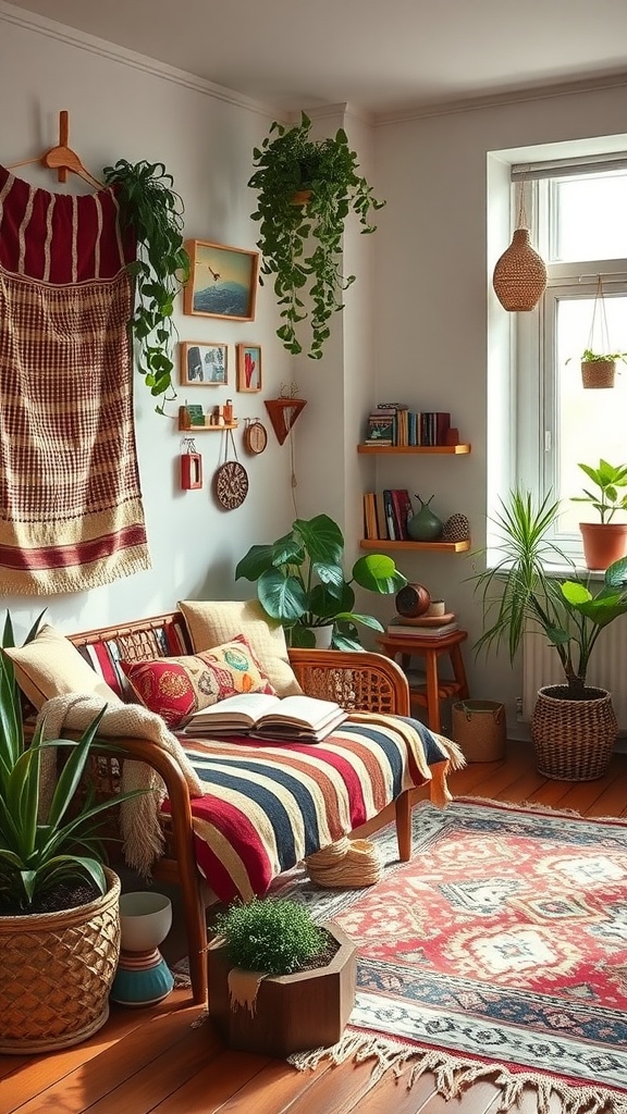 Cozy boho studio apartment with wooden couch, colorful cushions, plants, and decorative wall art.