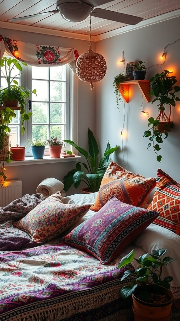 A boho-style bedroom featuring colorful pillows, plants, and soft lighting.