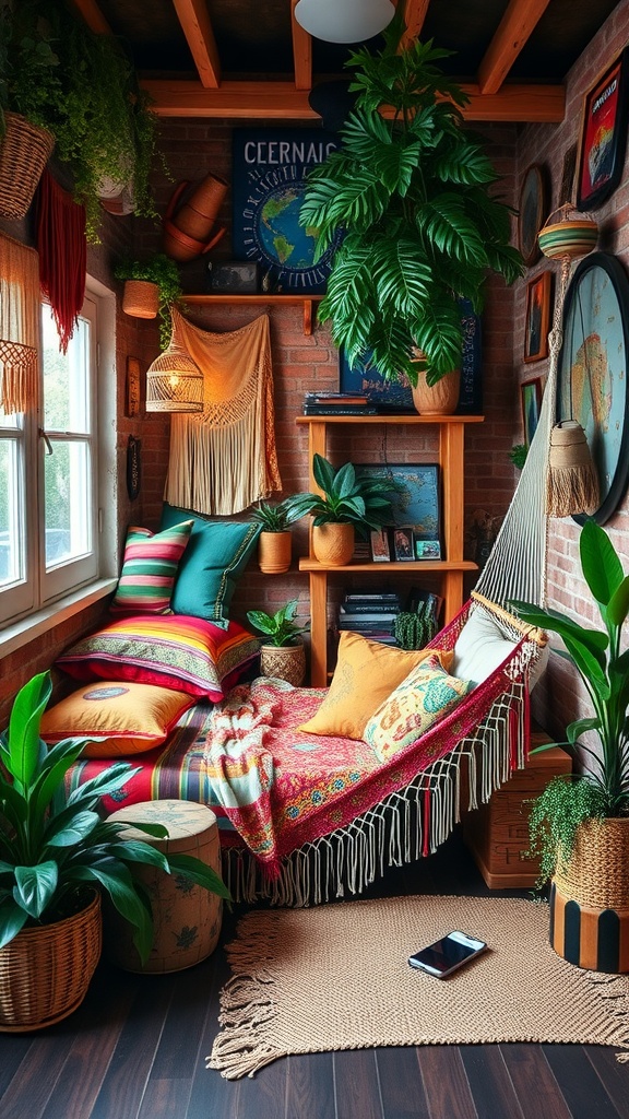 A cozy Boho-style bedroom with colorful pillows, plants, and travel-themed decor.