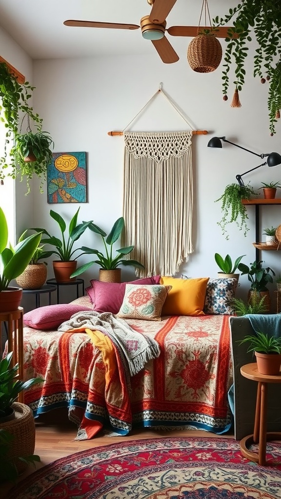 A cozy boho bedroom featuring a colorful quilt, various pillows, hanging plants, and a macramé wall hanging.