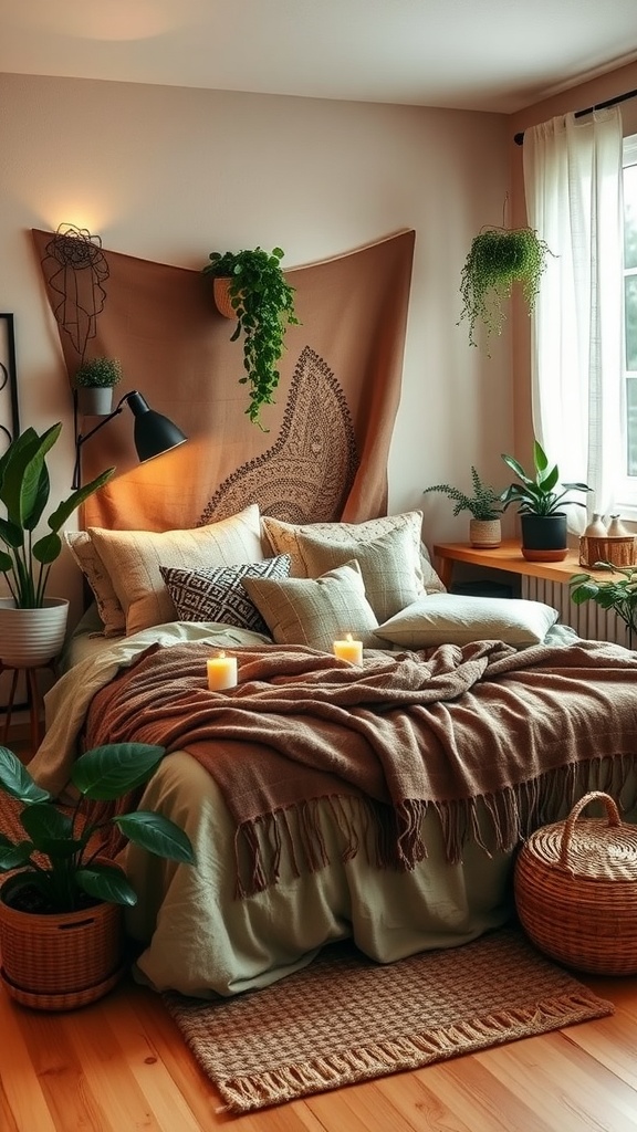 Cozy boho style bedroom with warm tones, plants, and textured decor