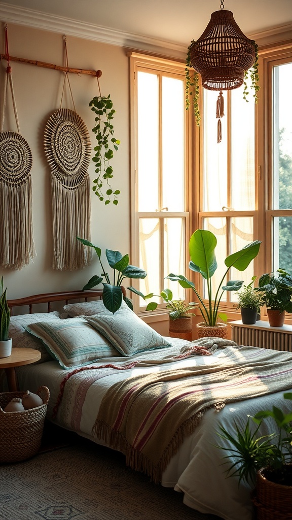 A cozy boho bedroom with sunlight, plants, and woven decor