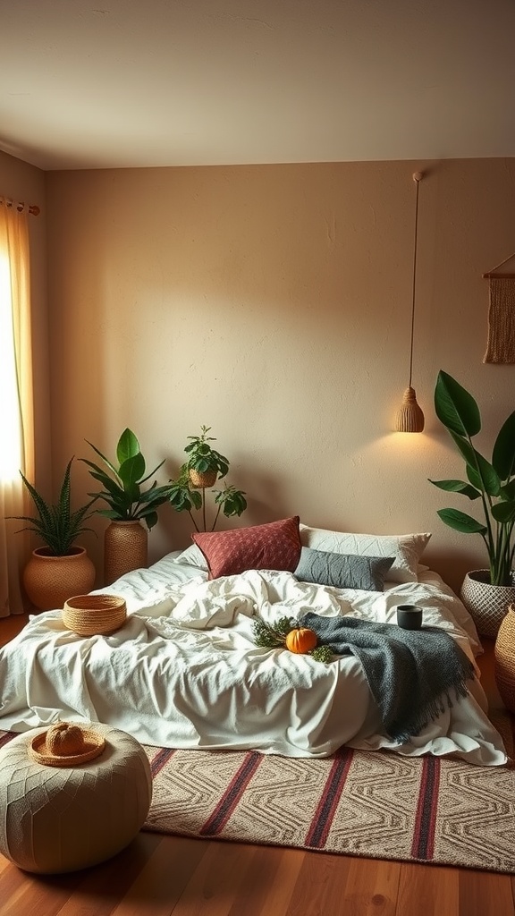 Cozy Boho style bedroom with white bedding, plants, and warm lighting.