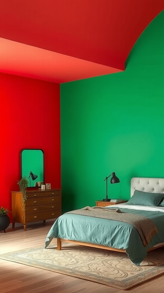 A modern bedroom with bold red and green accent walls, featuring wooden furniture and a cozy bed setup.