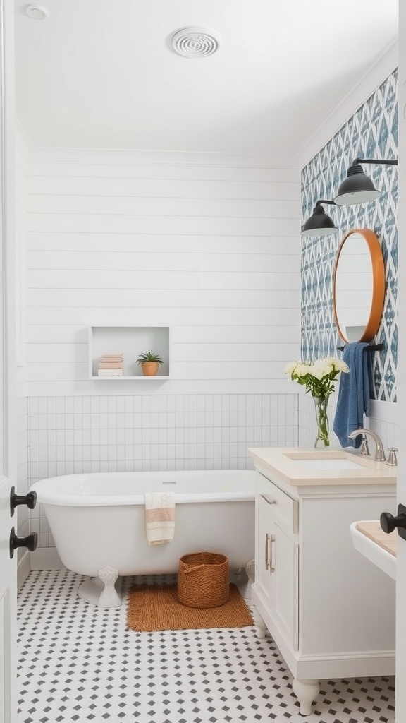 A farmhouse bathroom featuring a bold patterned accent wall, a freestanding tub, and modern fixtures.