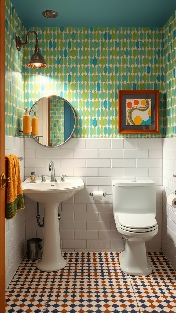 A vibrant 70s-inspired bathroom with blue tiled walls, red floral tiles, and green trim.