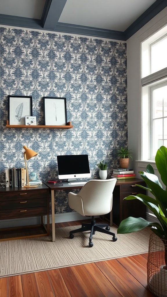 A modern masculine home office featuring a patterned accent wall, a desk with a computer, and stylish decor.