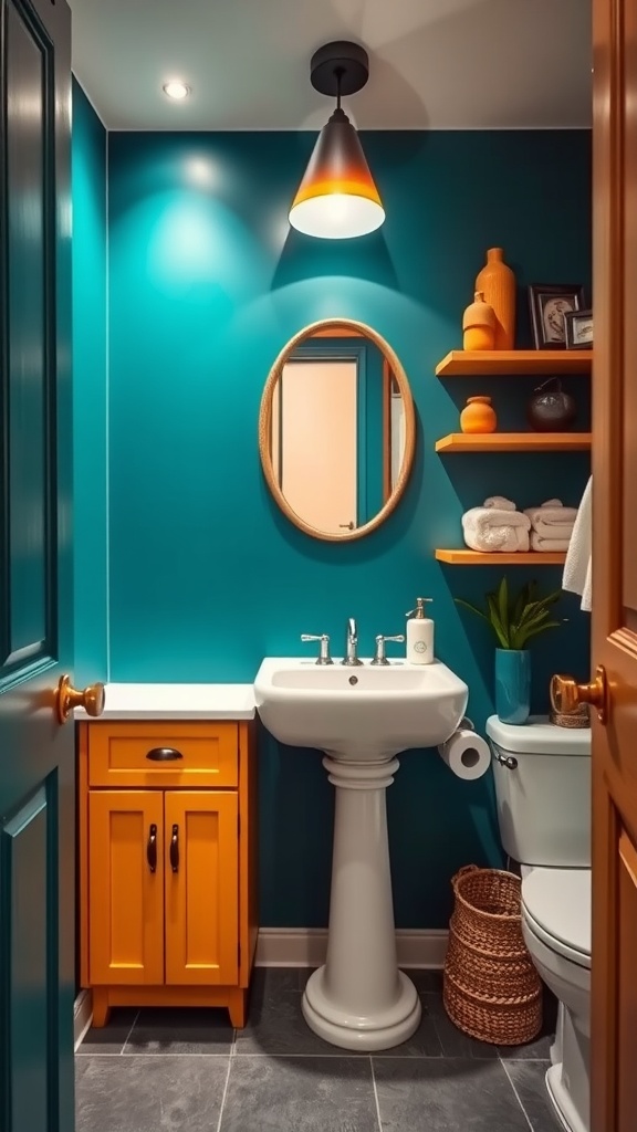 A small bathroom featuring turquoise walls, an orange cabinet, a white sink, and floating shelves.