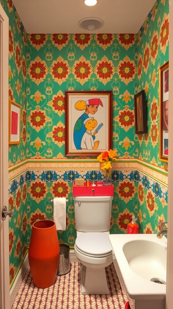 A guest bathroom featuring bold floral wallpaper in green and red, a red toilet tank, an orange vase, and colorful artwork.