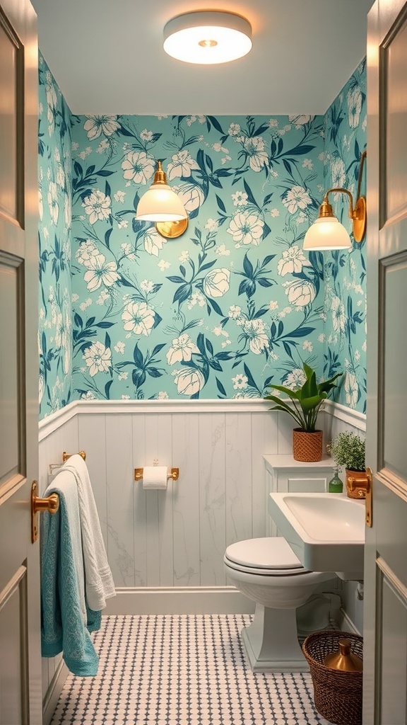 A small bathroom featuring bold aquamarine floral wallpaper with gold fixtures and bright lighting.