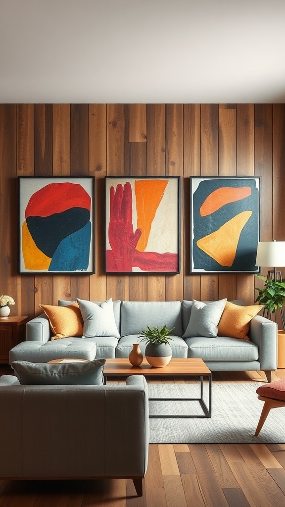 A modern living room featuring bold abstract artwork against a wooden wall, with a light grey sofa and orange cushions.