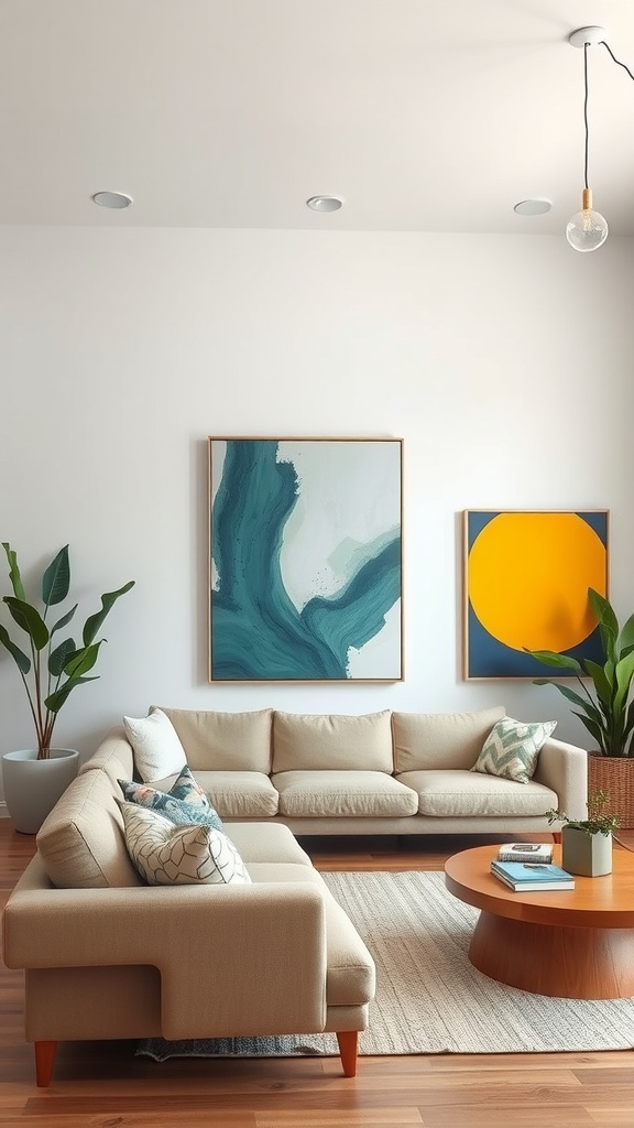 Living room with a modern beige sectional sofa, a round wooden coffee table, and bold abstract artwork on the walls.