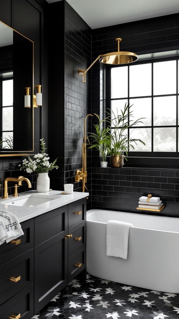 A modern bathroom featuring bold black walls, gold accents, and a freestanding white bathtub.