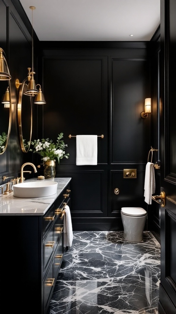 A stylish bathroom featuring bold black walls, a marble countertop, and gold fixtures.