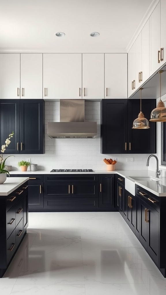 A stylish kitchen featuring two-toned black and white cabinets with gold hardware and modern design elements.
