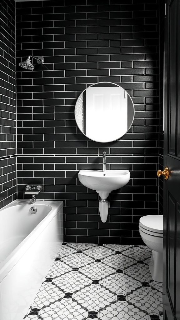 Aesthetic bathroom featuring black subway tiles, white sink and toilet, and patterned black and white floor tiles.