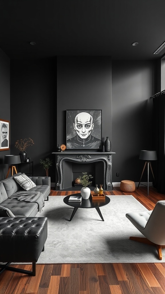 A modern living room with black walls, stylish furniture, and artwork creating a striking atmosphere.