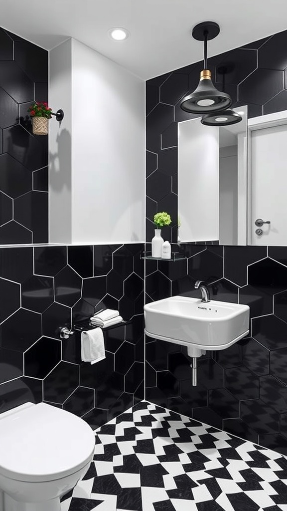 A modern black bathroom featuring hexagonal black tiles, black and white patterned floor, minimalist sink, and stylish lighting.