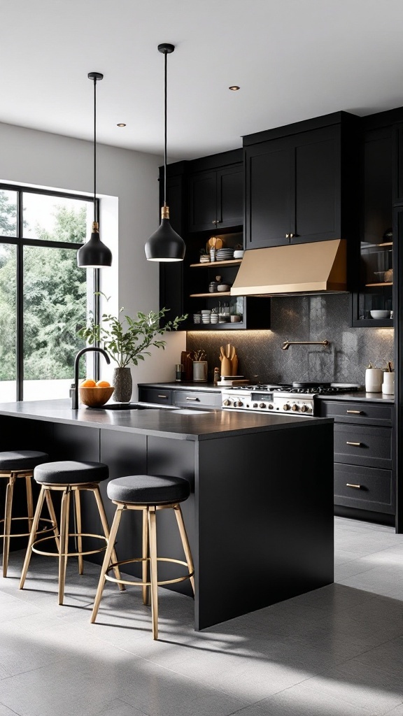 A modern black U-shaped kitchen with sleek design and bright white countertop
