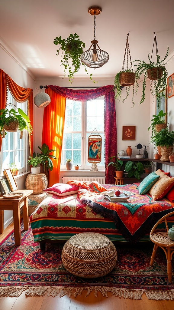 A vibrant bohemian-style bedroom decorated with colorful textiles, plants, and cozy furniture.