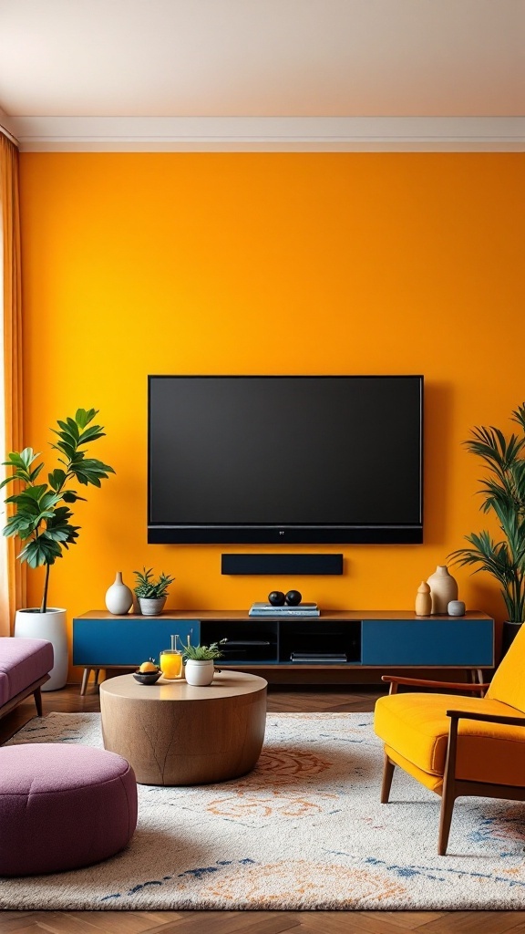 A modern living room with an orange wall, a TV mounted on the wall, colorful furniture, and plants.