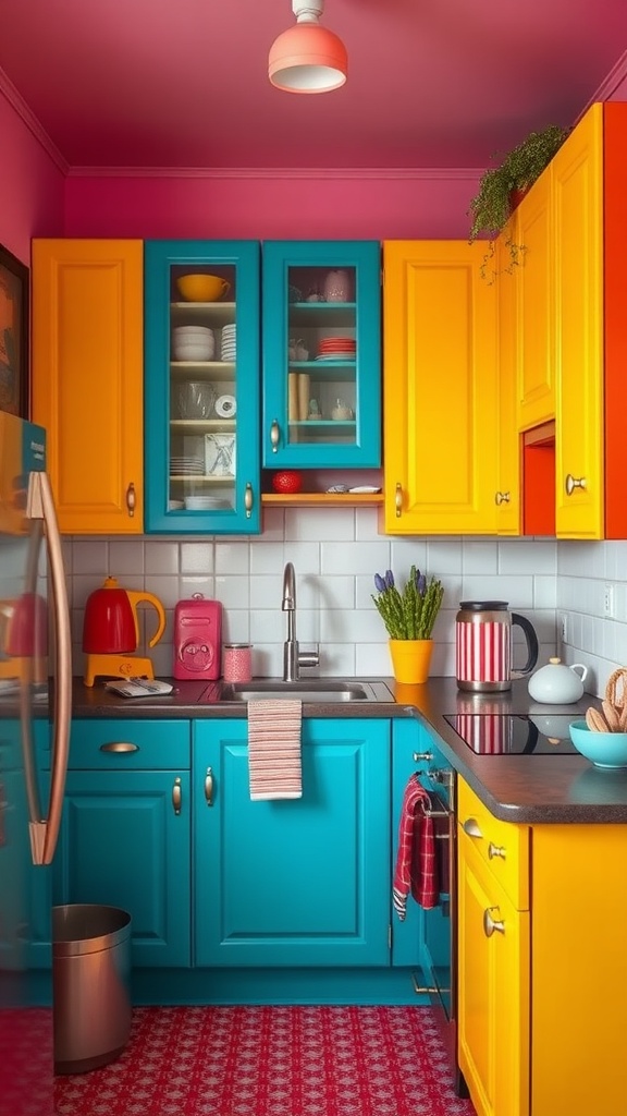 A bright and colorful tiny kitchen featuring turquoise cabinets, yellow doors, and pink details.