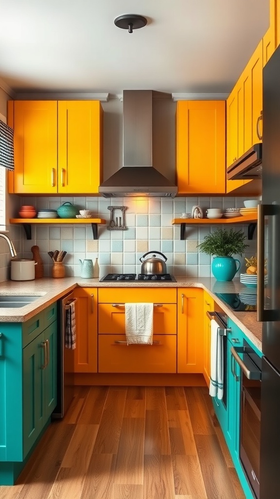 Brightly colored kitchen with orange and turquoise cabinets.