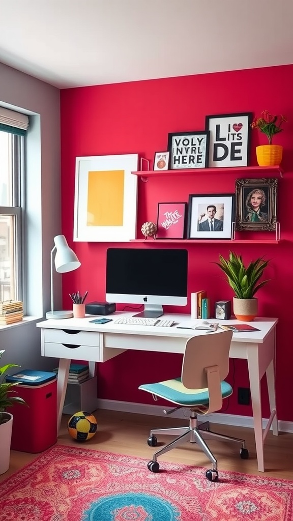 A vibrant home office with a pink wall, sleek desk, and colorful accents.