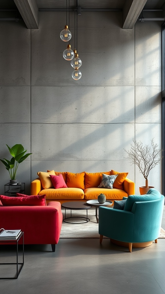 A modern living room featuring concrete walls with colorful furniture including an orange sofa, red chair, and turquoise armchair.