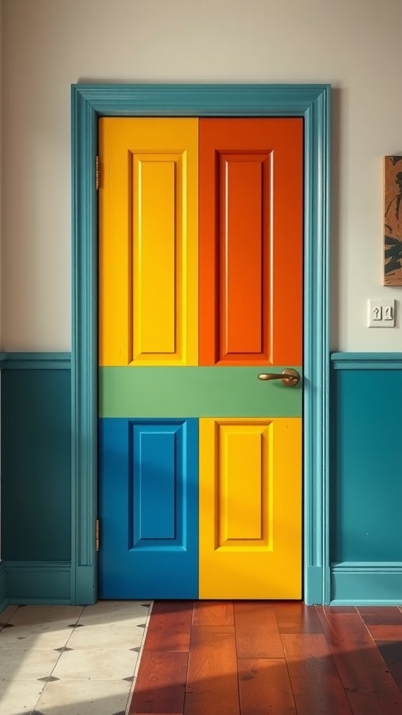 A colorful pantry door with yellow, orange, green, and blue sections
