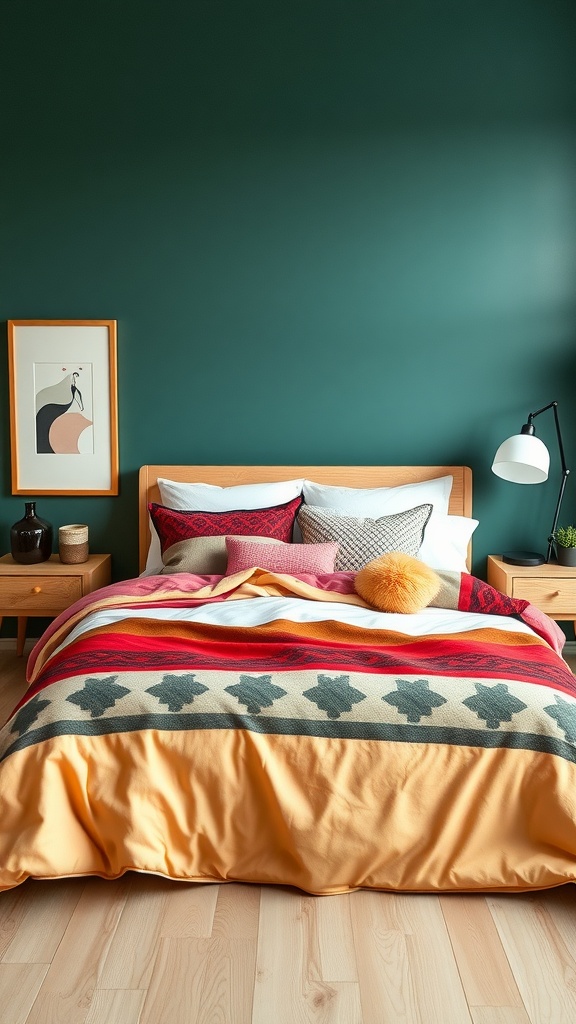 A vibrant boho bedding set with bold colors and patterns on a wooden bed frame against a green wall.