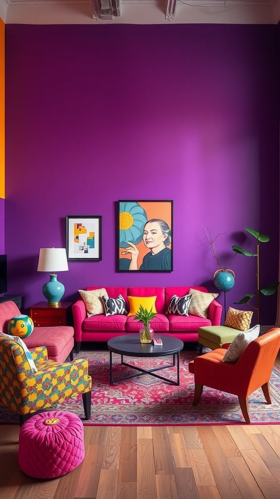 A living room featuring bold colors with a purple wall, pink sofa, colorful chairs, and eclectic decor.