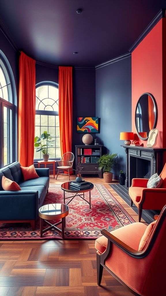 A living room featuring bold colors, with navy blue walls, bright orange curtains, and a dark blue sofa contrasted by warm orange chairs.