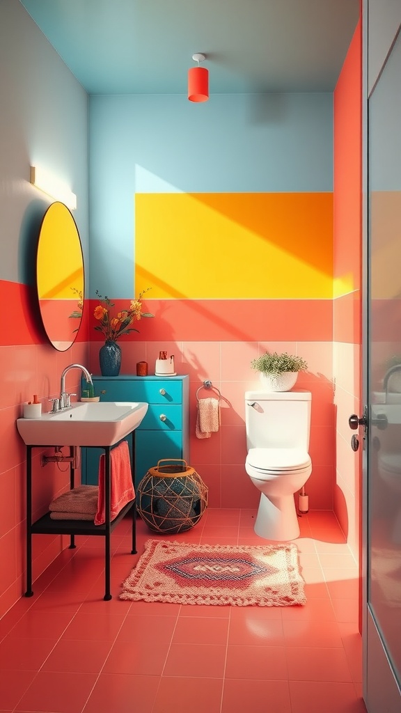 A colorful bathroom with coral, blue, and yellow walls, featuring a stylish sink, toilet, and decorative items.