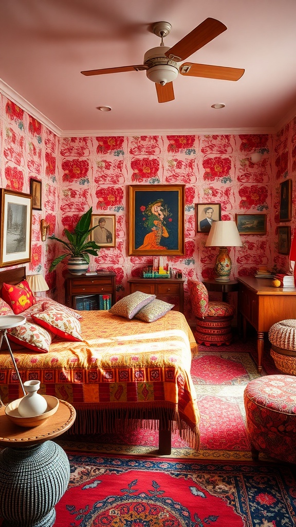 A colorful Boho style bedroom with pink floral wallpaper, an orange bedspread, and eclectic art.