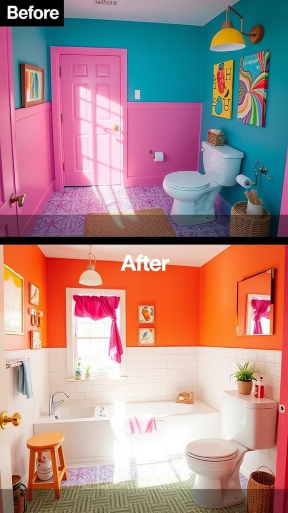 Before and after images of a bathroom makeover showcasing bold color changes.