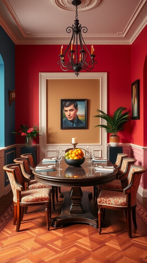A luxurious Italian dining room featuring bold red and blue walls, an elegant round table with plush chairs, and a decorative chandelier