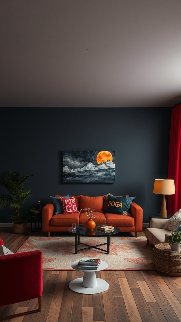 Living room with navy walls, an orange sofa, and colorful cushions, featuring a round coffee table and artwork