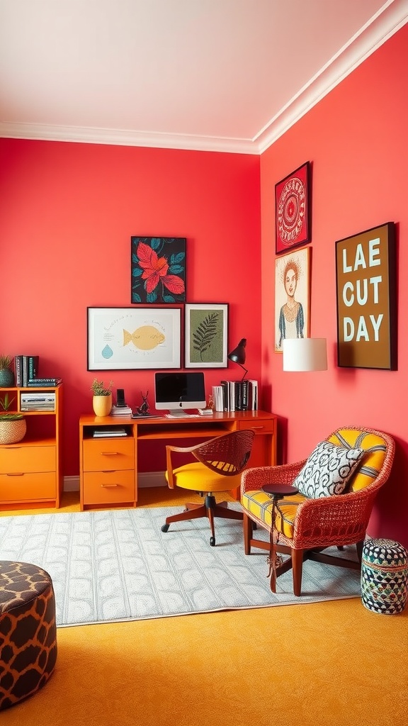 A colorful home office featuring coral walls, an orange desk, and vibrant artwork.