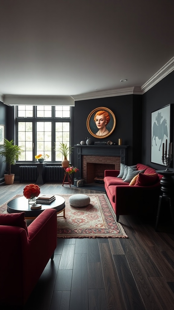 A living room featuring dark walls, red sofas, and a striking portrait, blending gothic style with modern minimalism.