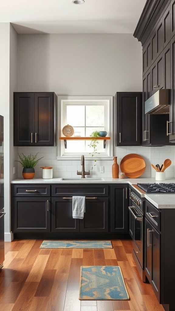 Farmhouse kitchen with bold dark stained cabinets, light countertops, and wooden accents.