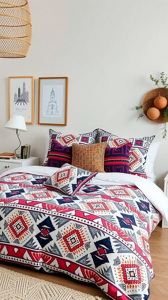 Boho bedding set featuring bold geometric prints in vibrant colors.