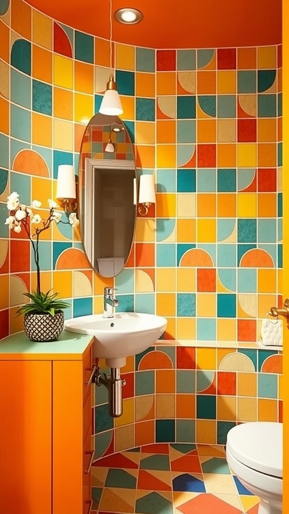 Colorful bathroom featuring bold geometric tiles in orange, yellow, blue, and pink.