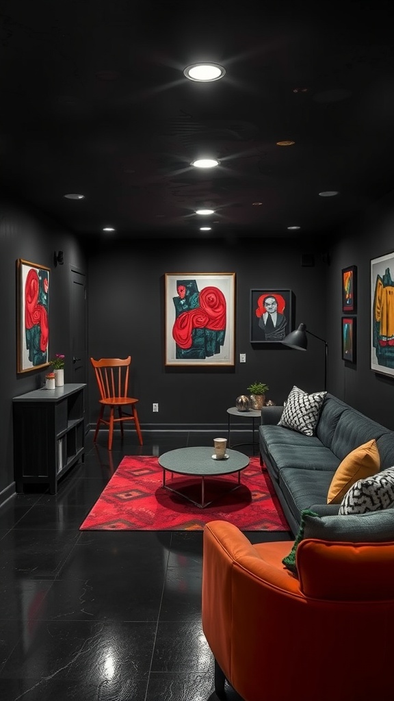 A stylish basement featuring bold graphite black walls, modern furniture, and colorful artwork.