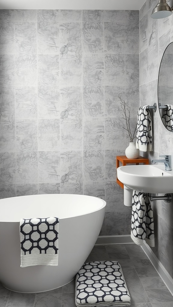 A stylish gray and white bathroom featuring a freestanding tub, textured wall tiles, and bold patterned towels.