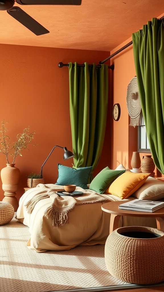 A cozy bedroom with terracotta walls and bold green curtains, featuring colorful cushions and natural decor.