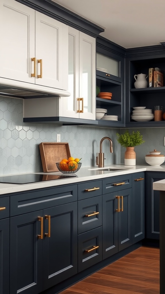 A modern kitchen featuring dark blue cabinets with gold hardware and a light backsplash.